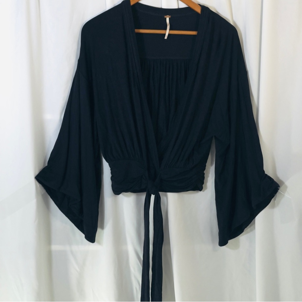 Free People Elegant Black Women's Wrap Tie Front Bell Sleeves Blouse